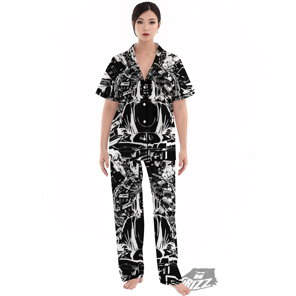 Technical Buddha Black And White Print Women's Pajamas Set-grizzshop