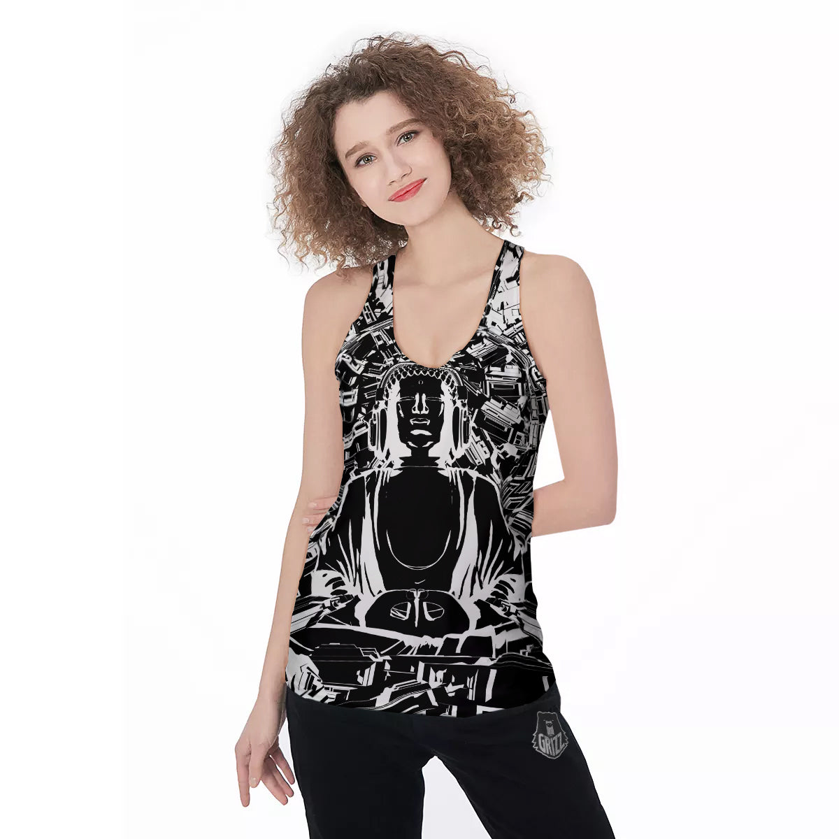 Technical Buddha Black And White Print Women's Racerback Tank Top-grizzshop