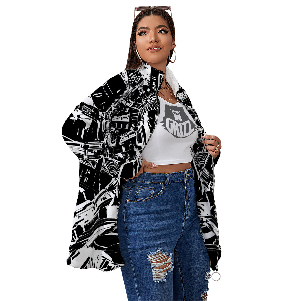 Technical Buddha Black And White Print Women's Sherpa Jacket-grizzshop