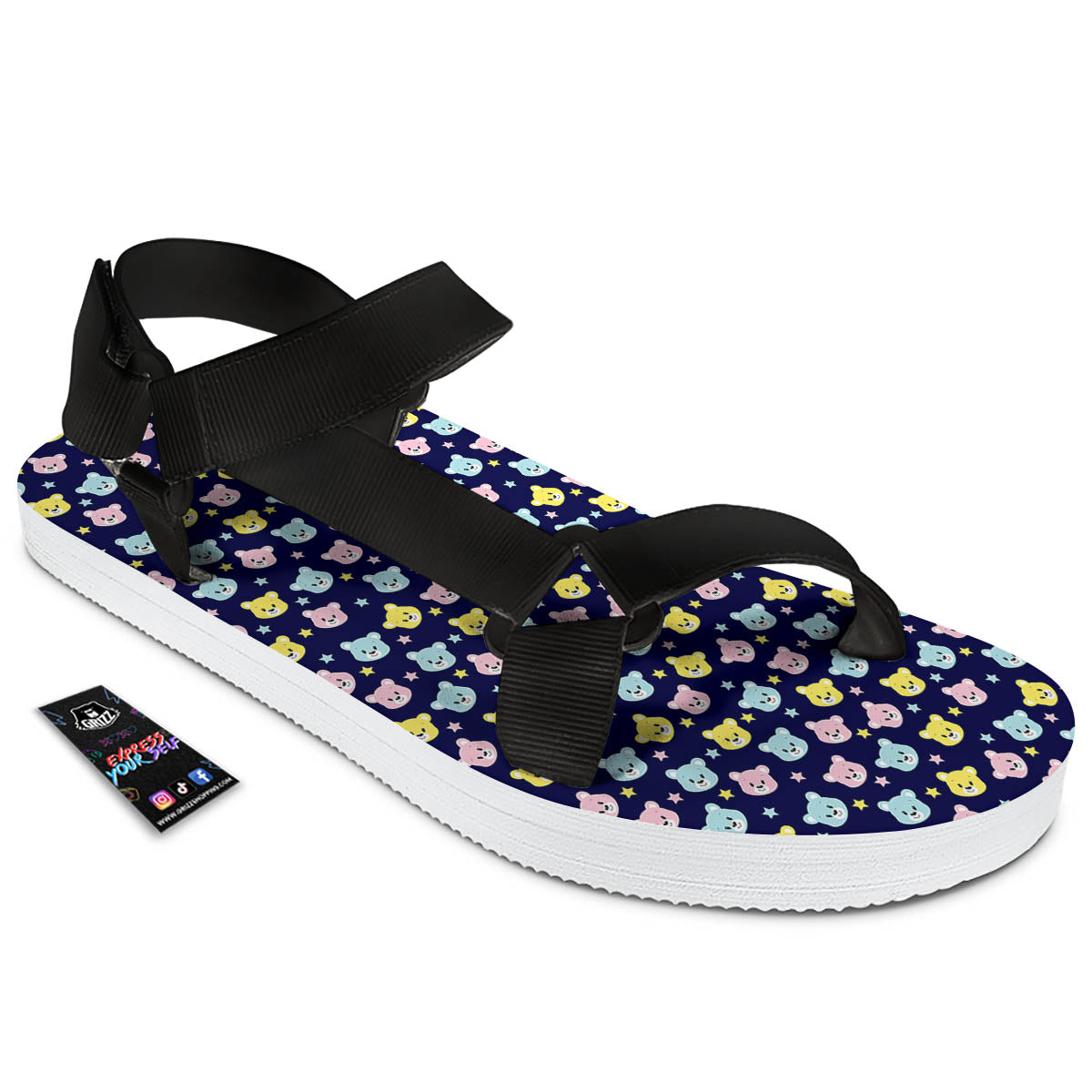 Teddy Bear Cartoon Print Pattern Black Open Toe Sandals-grizzshop