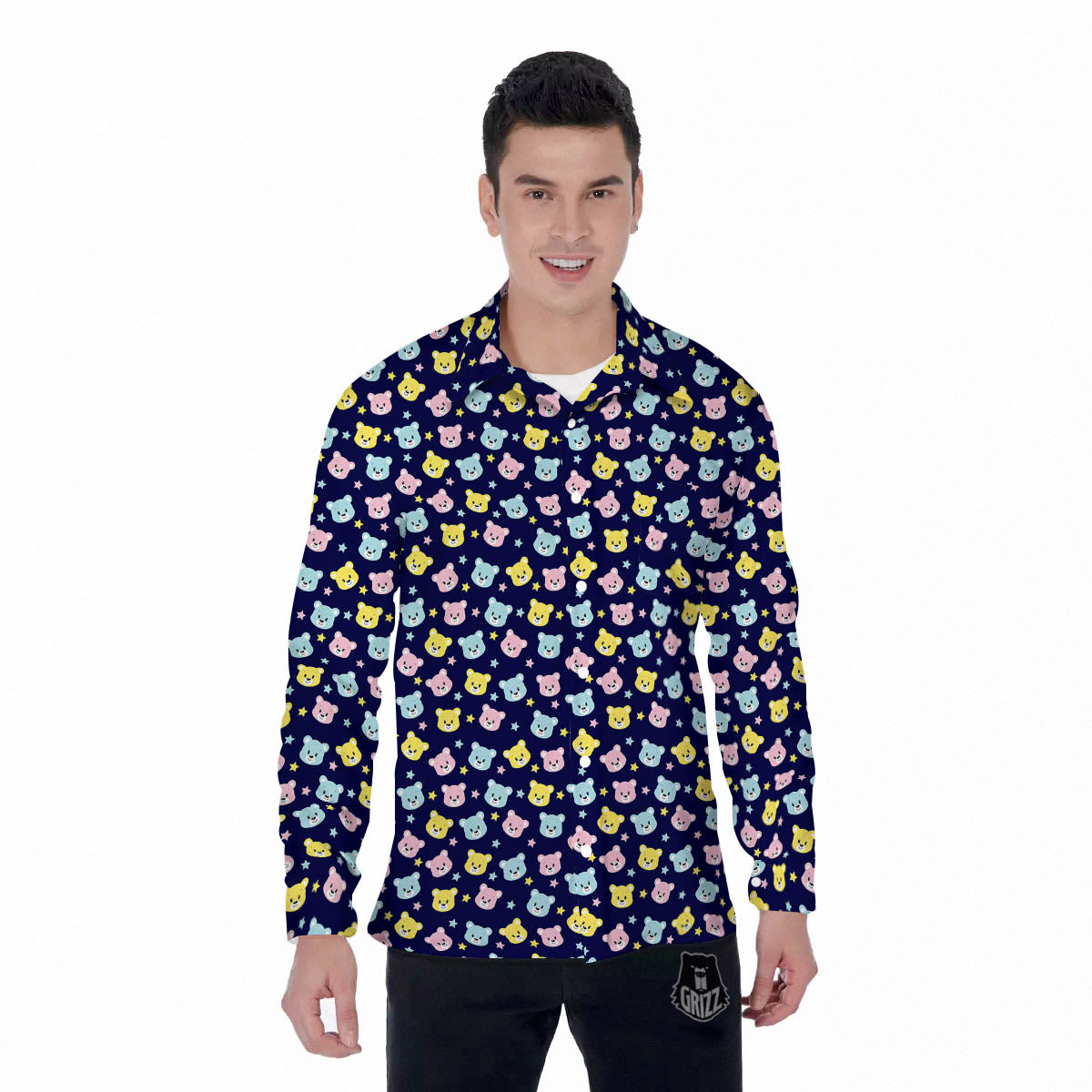 Teddy Bear Cartoon Print Pattern Men's Long Sleeve Shirts-grizzshop