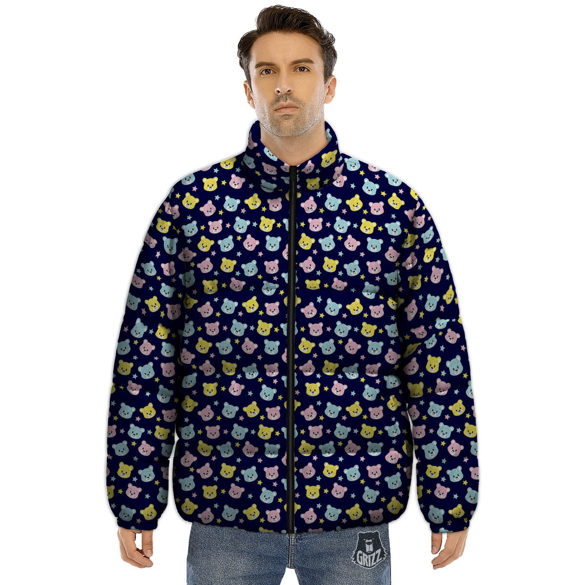 Teddy Bear Cartoon Print Pattern Puffer Jacket-grizzshop