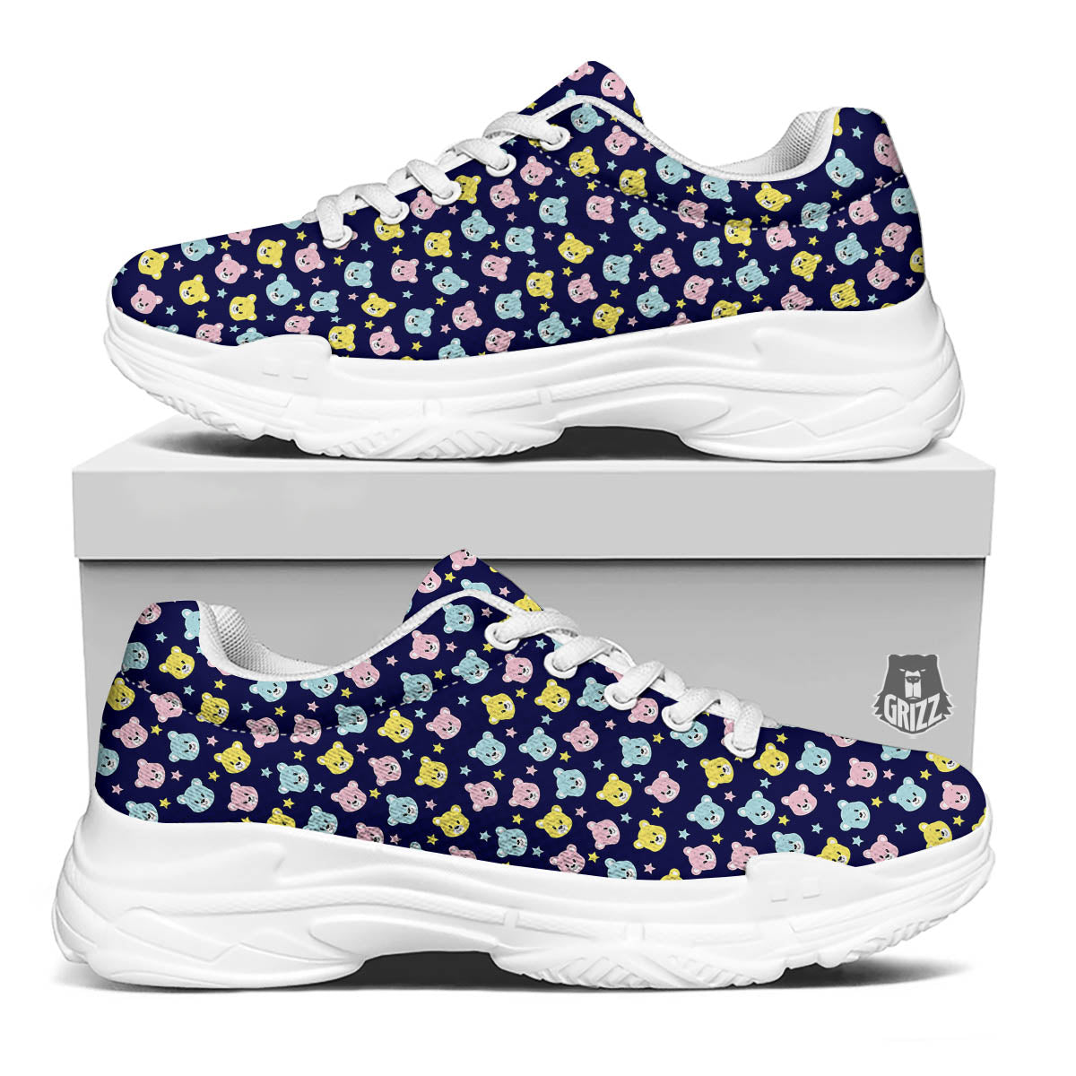 Teddy Bear Cartoon Print Pattern White Chunky Shoes-grizzshop