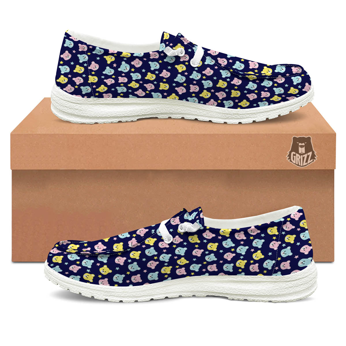 Teddy Bear Cartoon Print Pattern White Loafers-grizzshop