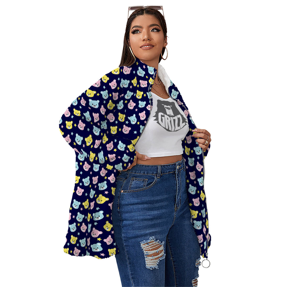Teddy Bear Cartoon Print Pattern Women's Sherpa Jacket-grizzshop