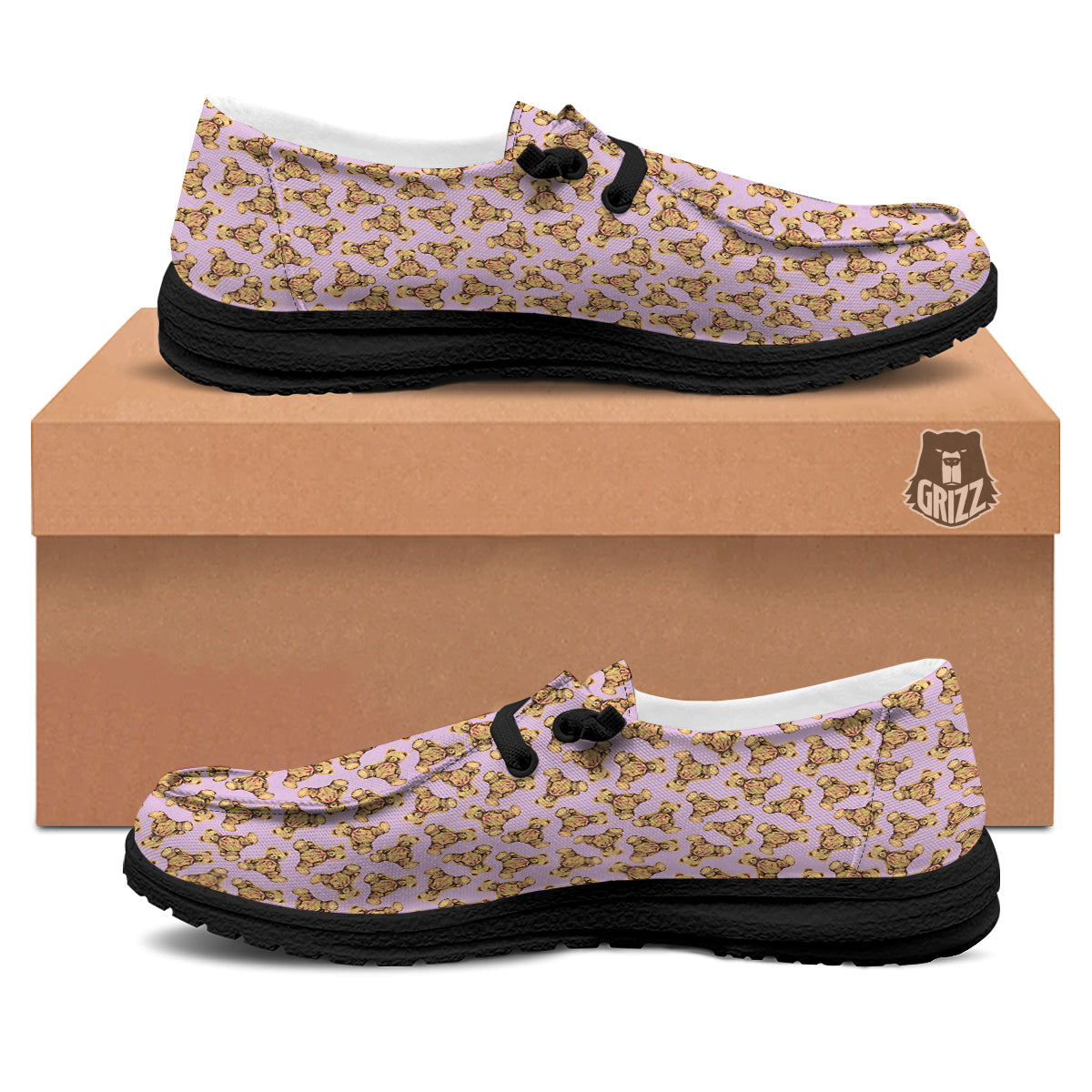 Teddy Bear Cute Print Pattern Black Loafers-grizzshop