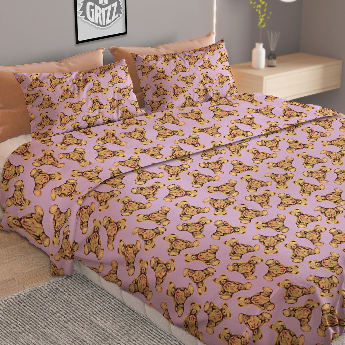 Teddy Bear Cute Print Pattern Duvet Cover Bedding Set