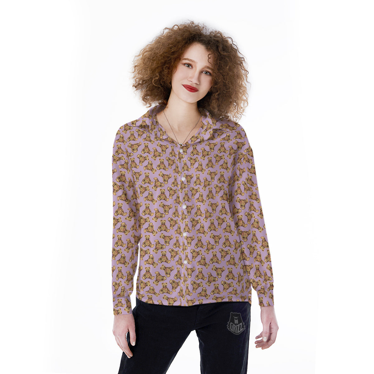 Teddy Bear Cute Print Pattern Women's Long Sleeve Shirts-grizzshop