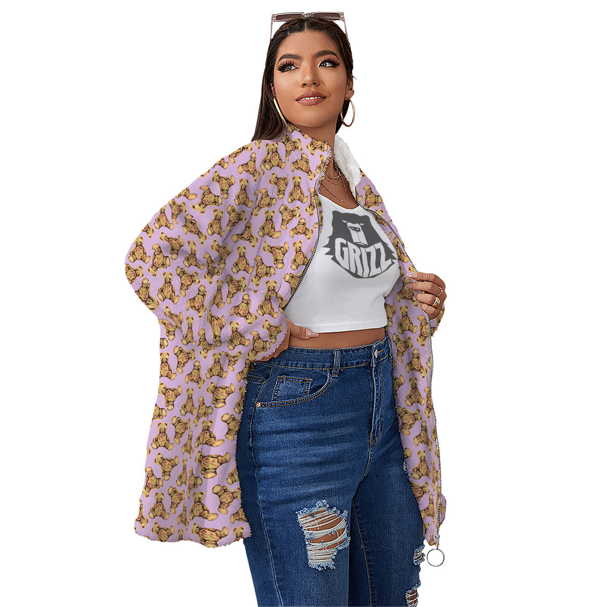 Teddy Bear Cute Print Pattern Women's Sherpa Jacket-grizzshop