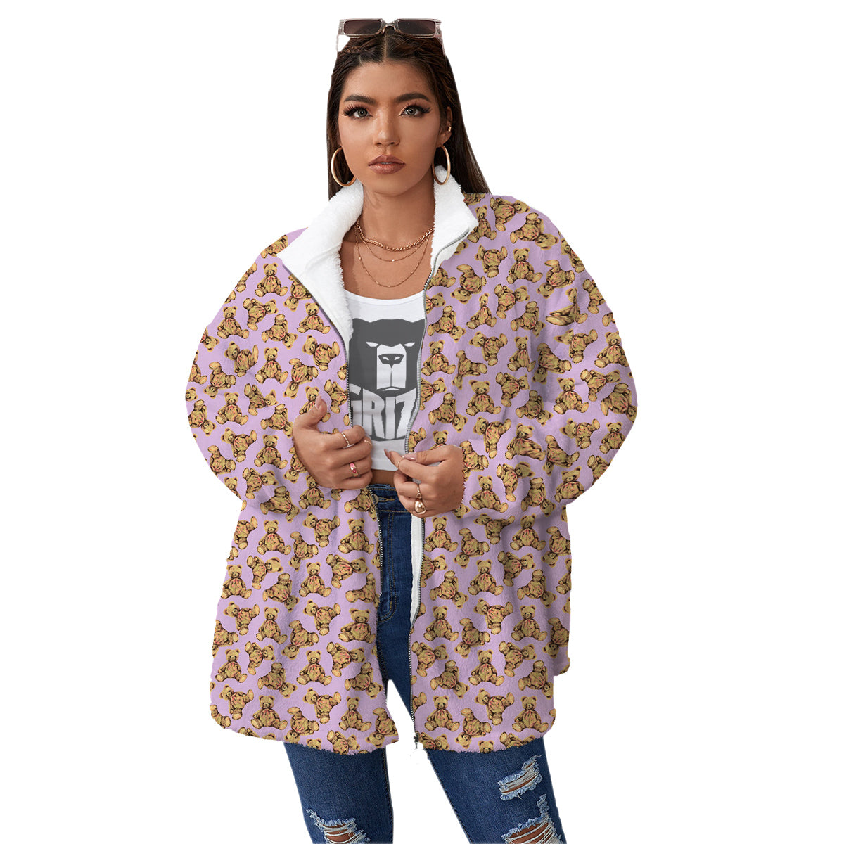 Teddy Bear Cute Print Pattern Women's Sherpa Jacket-grizzshop
