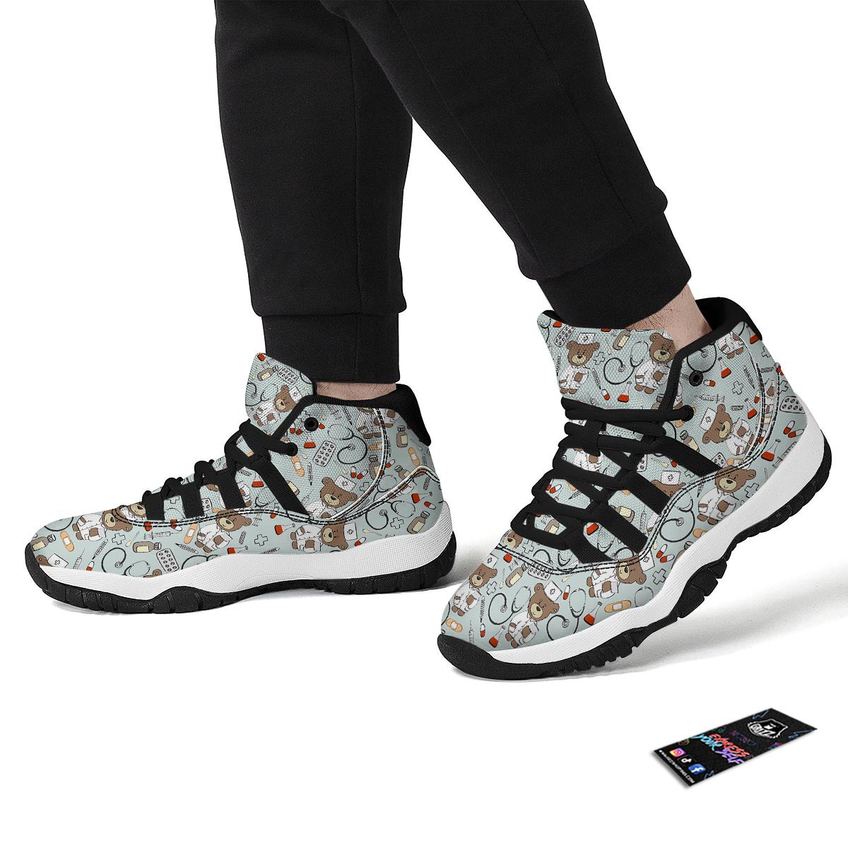 Teddy Bear Nurse Pattern Print Black Bball Shoes-grizzshop