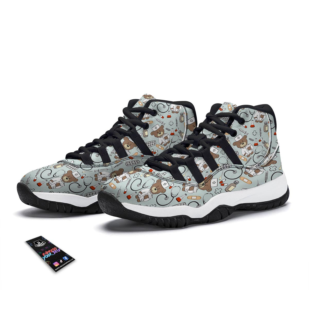 Teddy Bear Nurse Pattern Print Black Bball Shoes-grizzshop