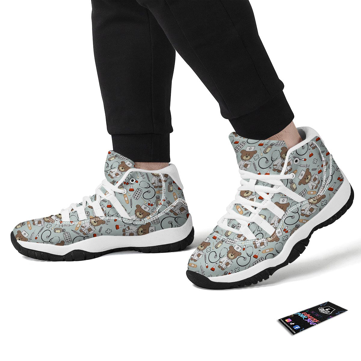 Teddy Bear Nurse Pattern Print White Bball Shoes-grizzshop