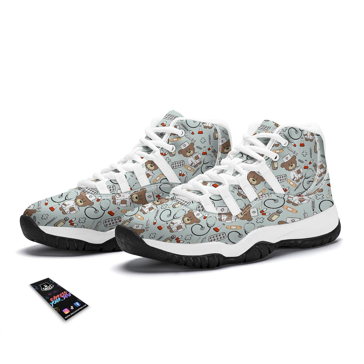 Teddy Bear Nurse Pattern Print White Bball Shoes-grizzshop