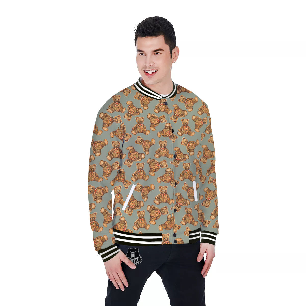 Teddy Bear Watercolor Print Pattern Baseball Jacket-grizzshop