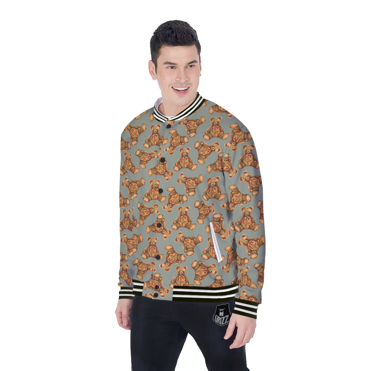Teddy Bear Watercolor Print Pattern Baseball Jacket-grizzshop