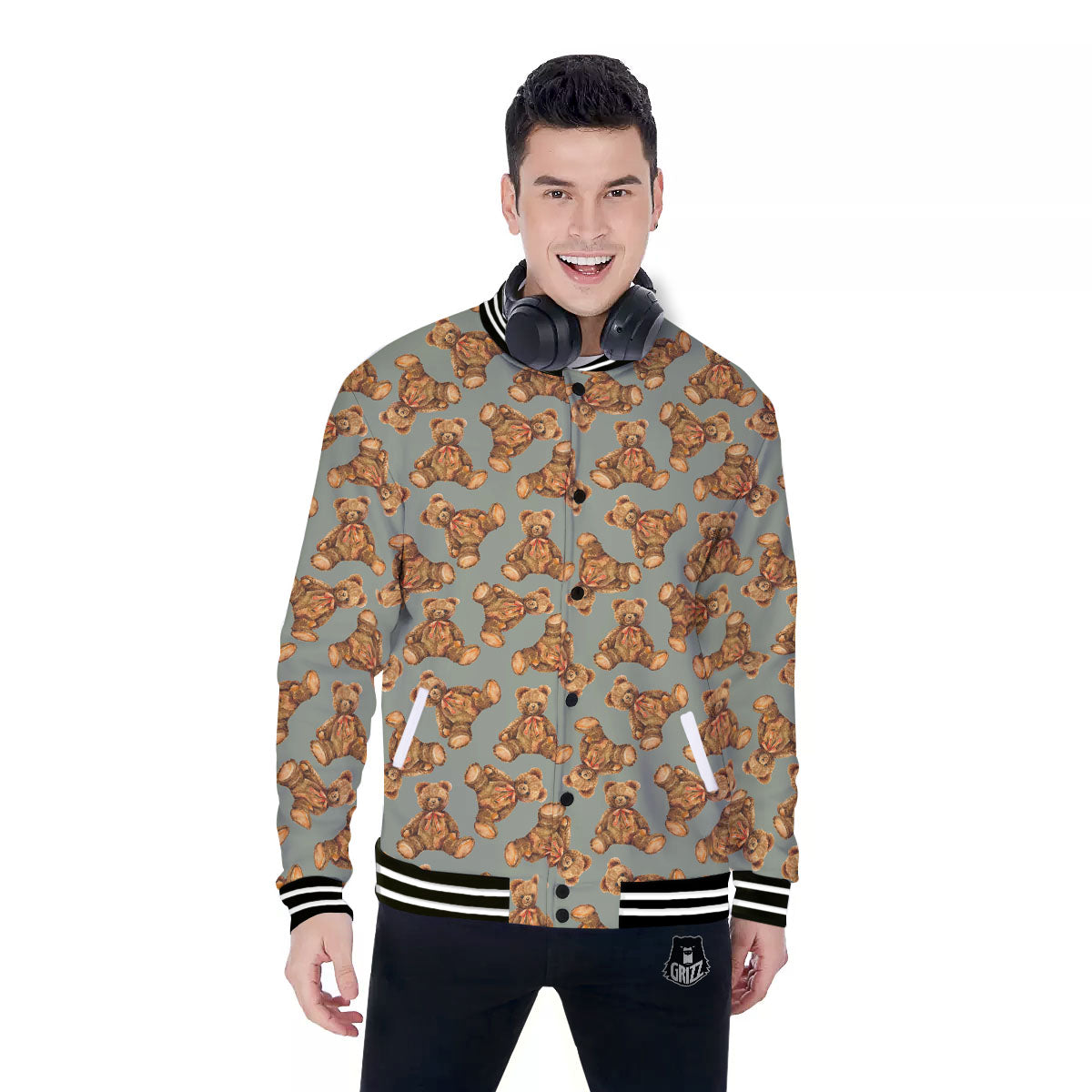 Teddy Bear Watercolor Print Pattern Baseball Jacket-grizzshop