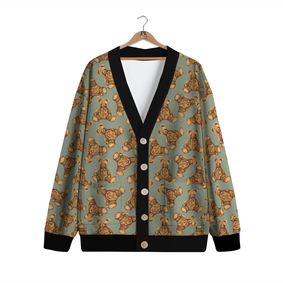 Teddy Bear Watercolor Print Pattern Cardigan-grizzshop