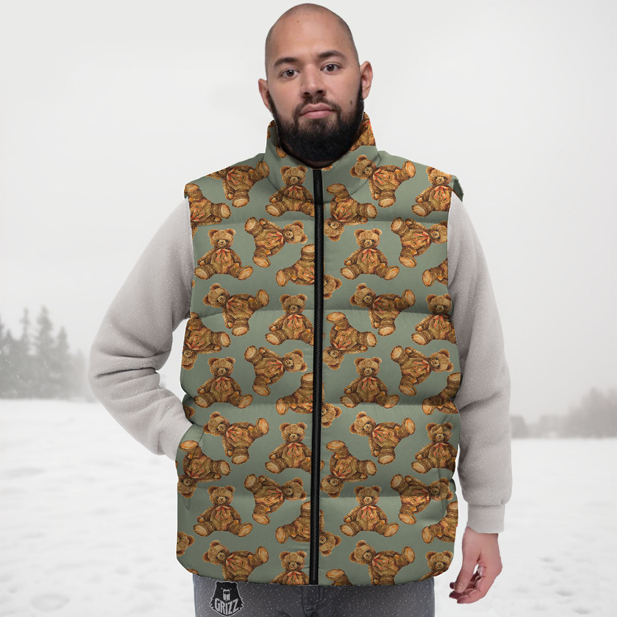 Teddy Bear Watercolor Print Pattern Down Vest