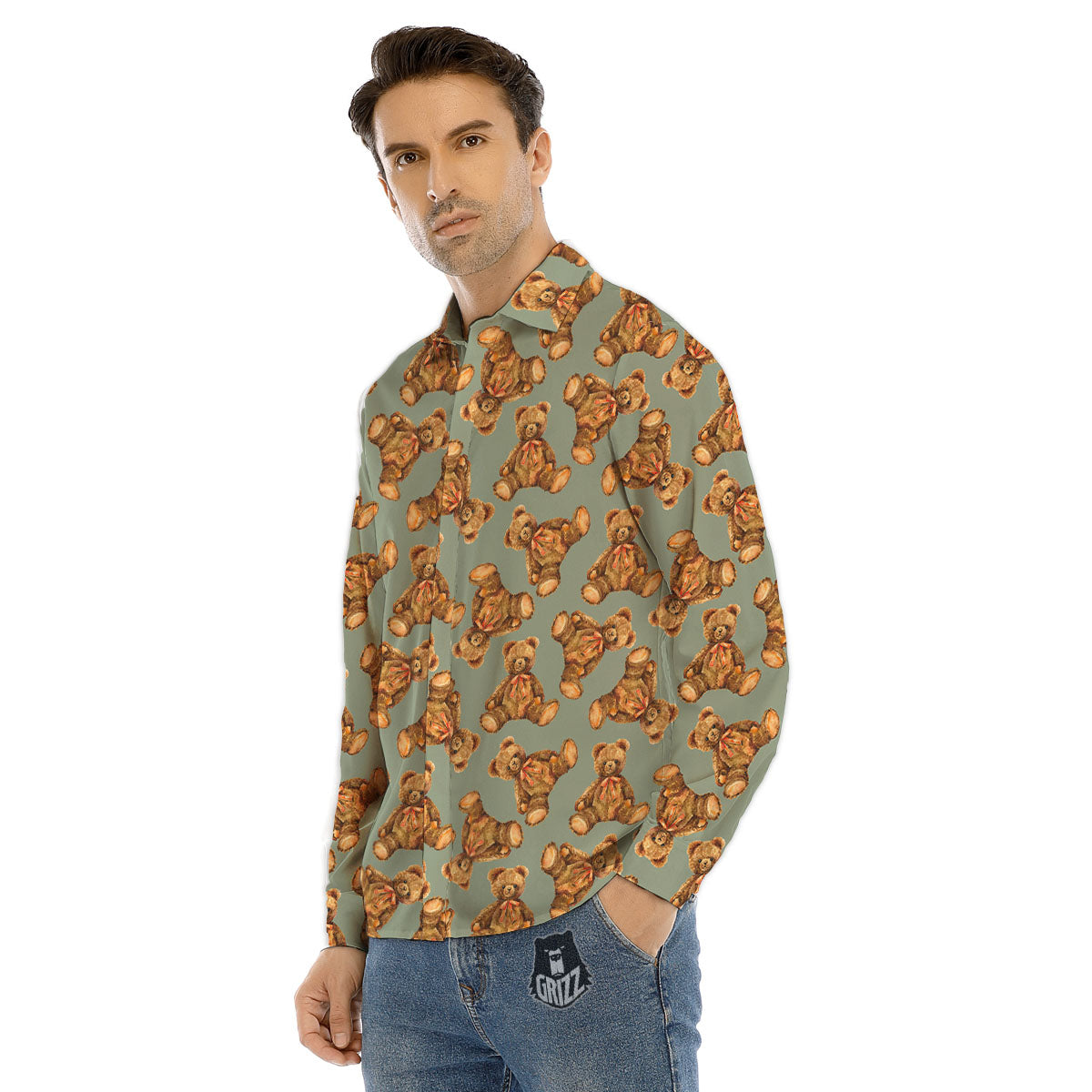 Teddy Bear Watercolor Print Pattern Men's Dress Shirts-grizzshop