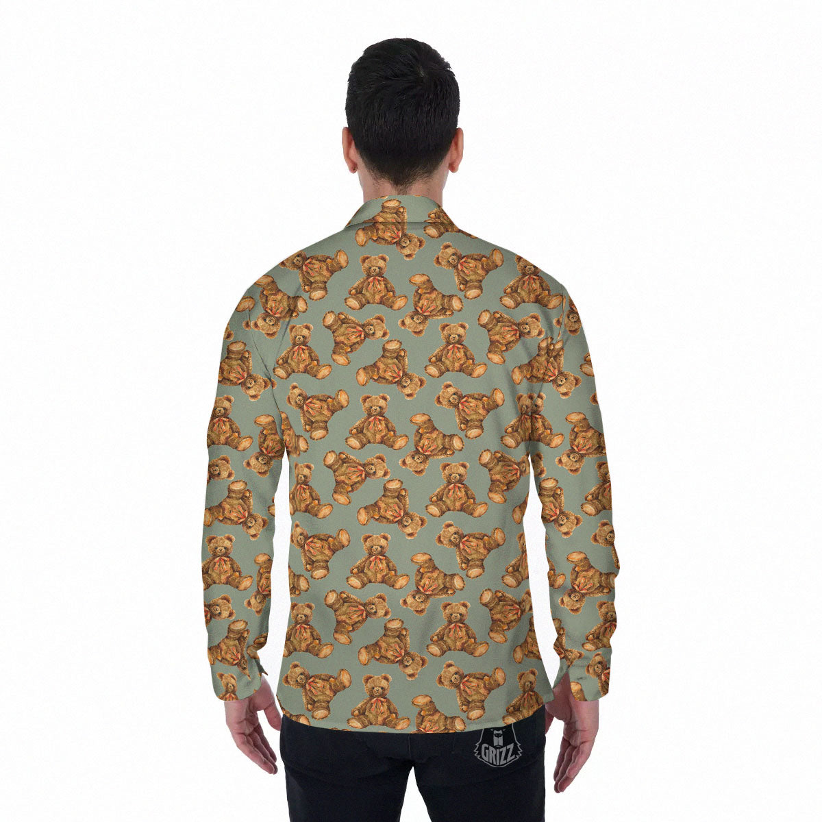 Teddy Bear Watercolor Print Pattern Men's Long Sleeve Shirts-grizzshop