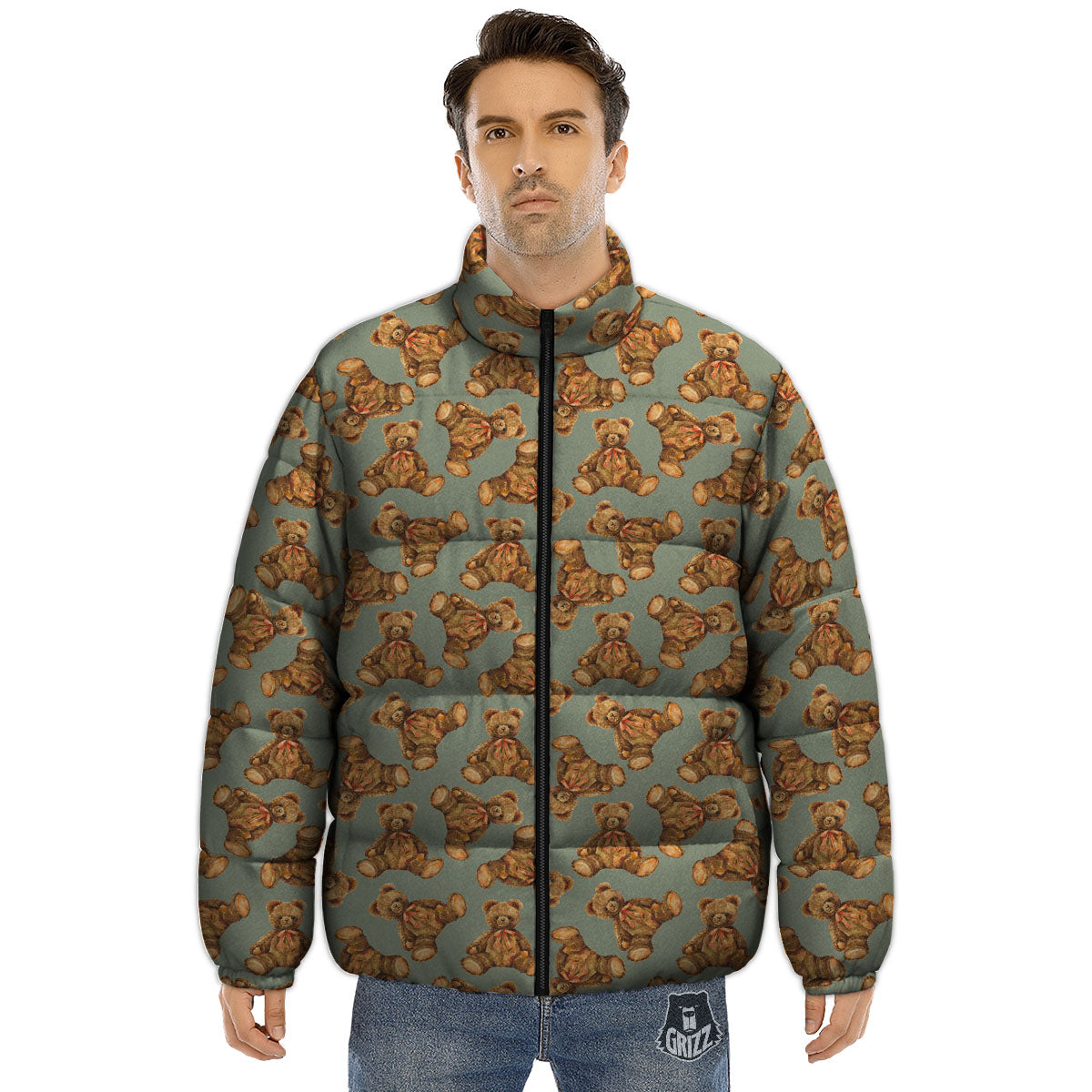 Teddy Bear Watercolor Print Pattern Puffer Jacket-grizzshop
