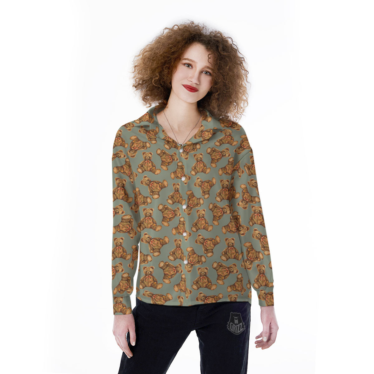 Teddy Bear Watercolor Print Pattern Women's Long Sleeve Shirts-grizzshop