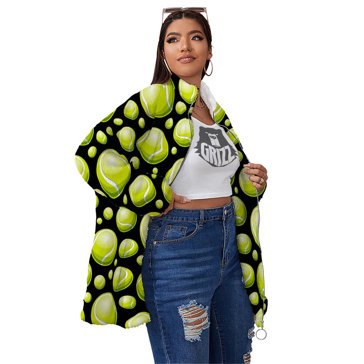 Tennis Balls Print Pattern Women's Sherpa Jacket-grizzshop