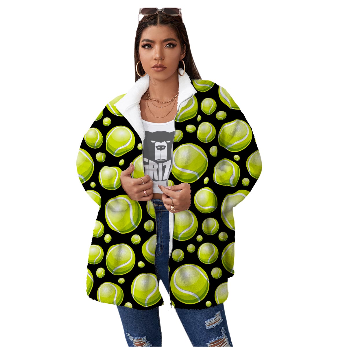 Tennis Balls Print Pattern Women's Sherpa Jacket-grizzshop