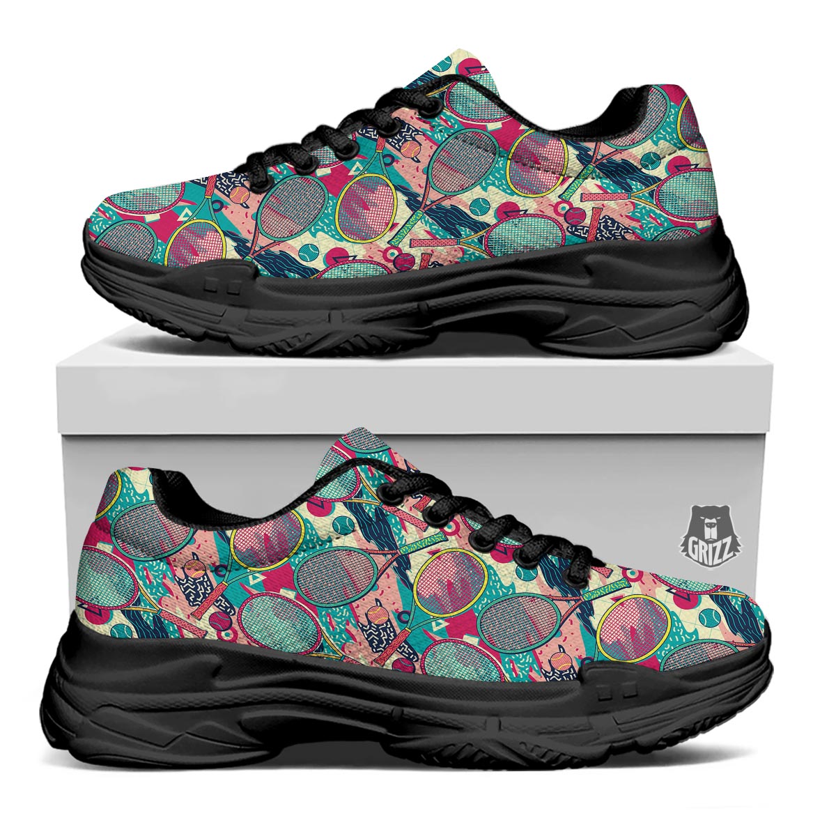 Tennis Retro Print Pattern Black Chunky Shoes-grizzshop