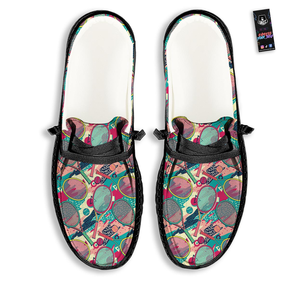 Tennis Retro Print Pattern Black Loafers-grizzshop