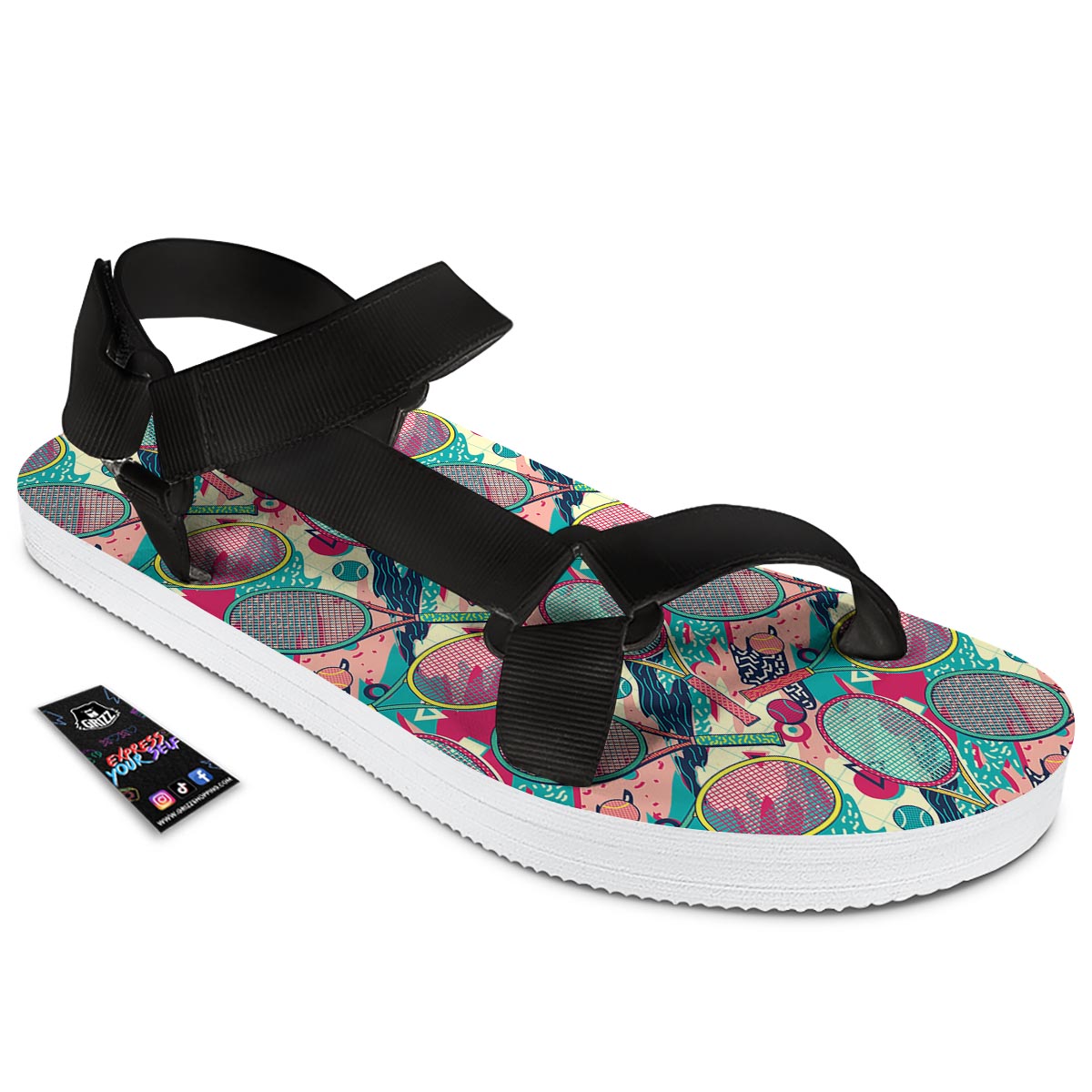 Tennis Retro Print Pattern Black Open Toe Sandals-grizzshop