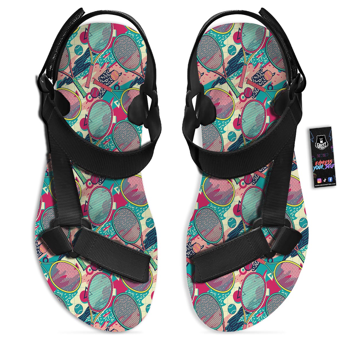 Tennis Retro Print Pattern Black Open Toe Sandals-grizzshop