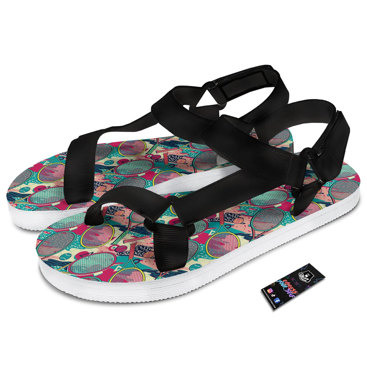 Tennis Retro Print Pattern Black Open Toe Sandals-grizzshop
