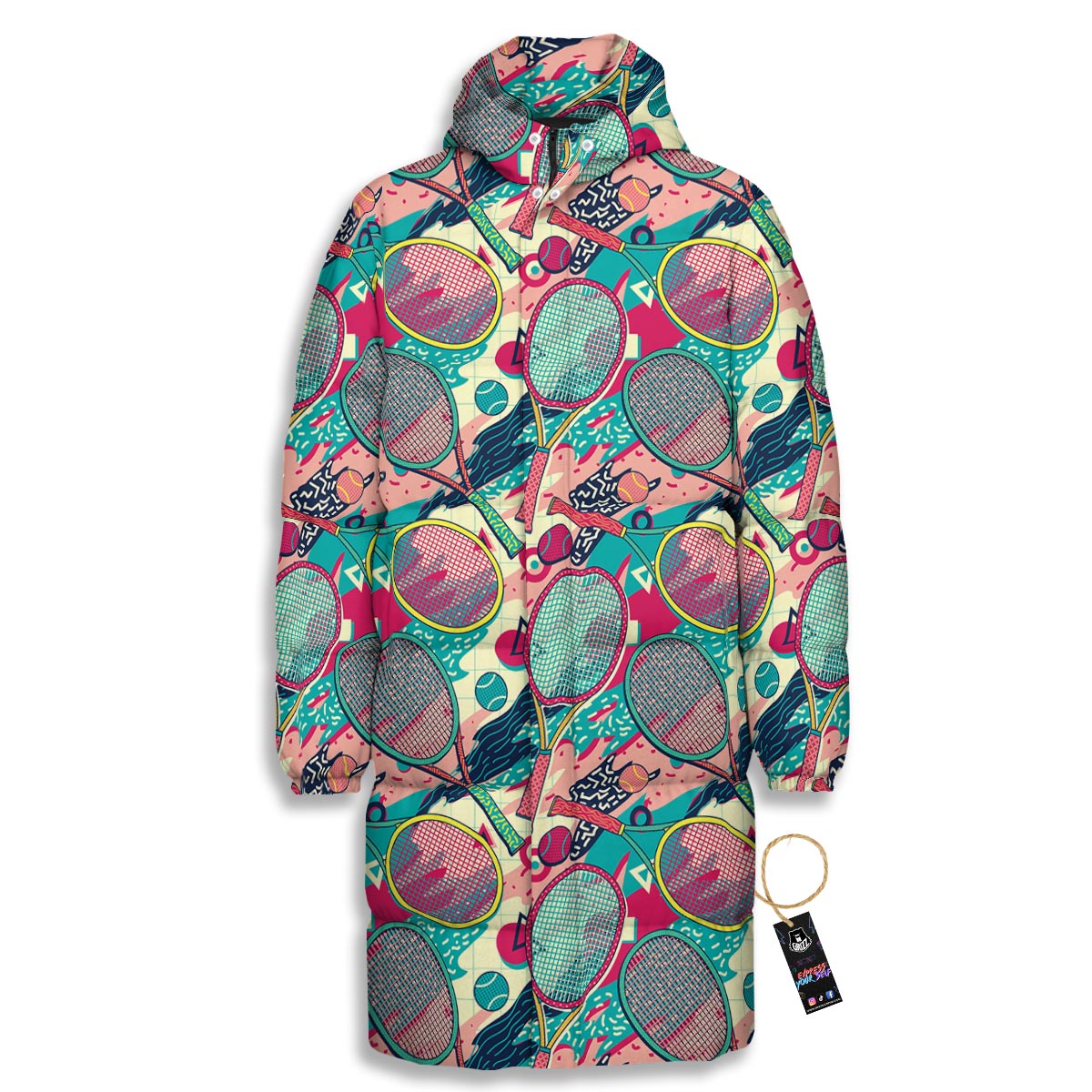 Tennis Retro Print Pattern Long Down Jacket-grizzshop