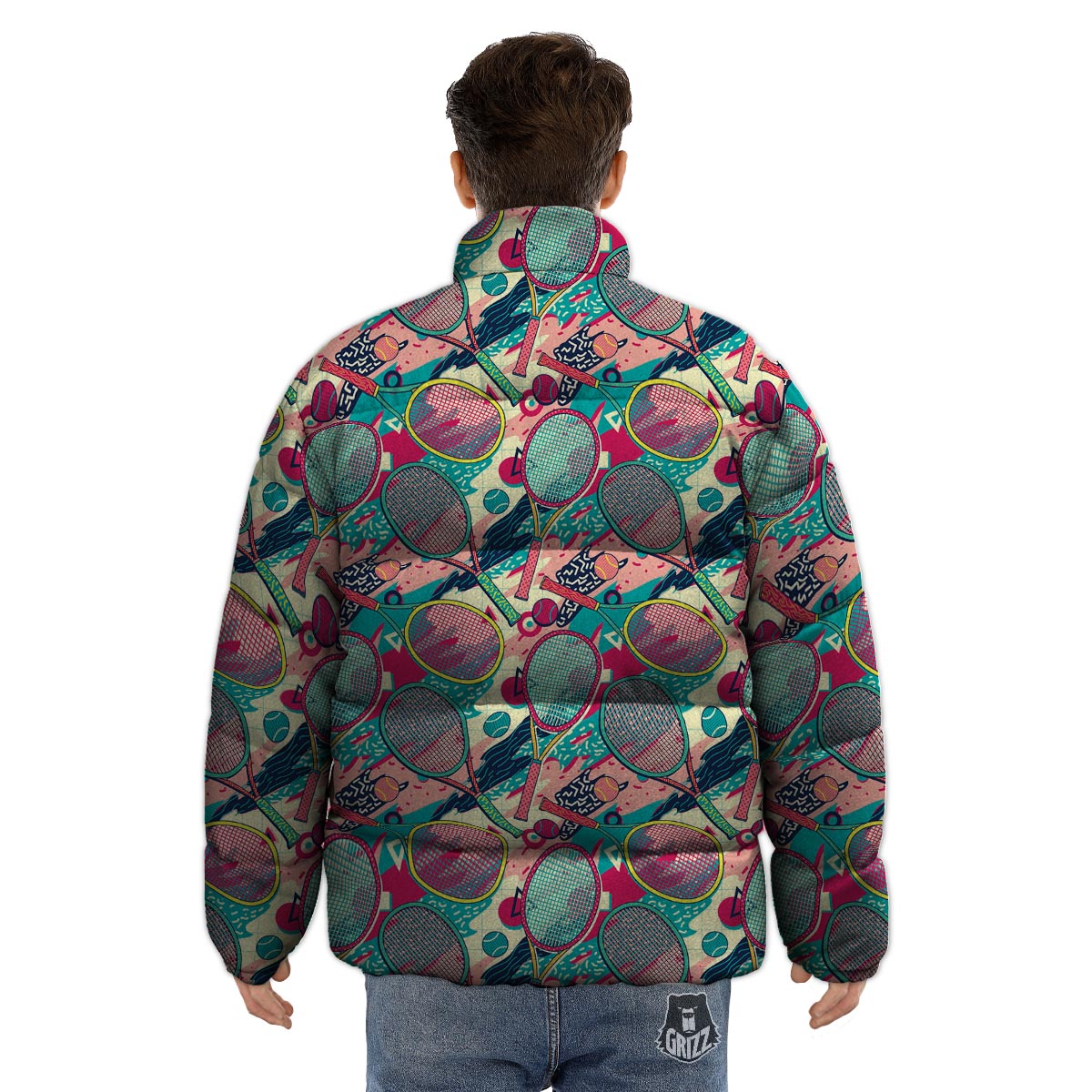 Tennis Retro Print Pattern Puffer Jacket-grizzshop