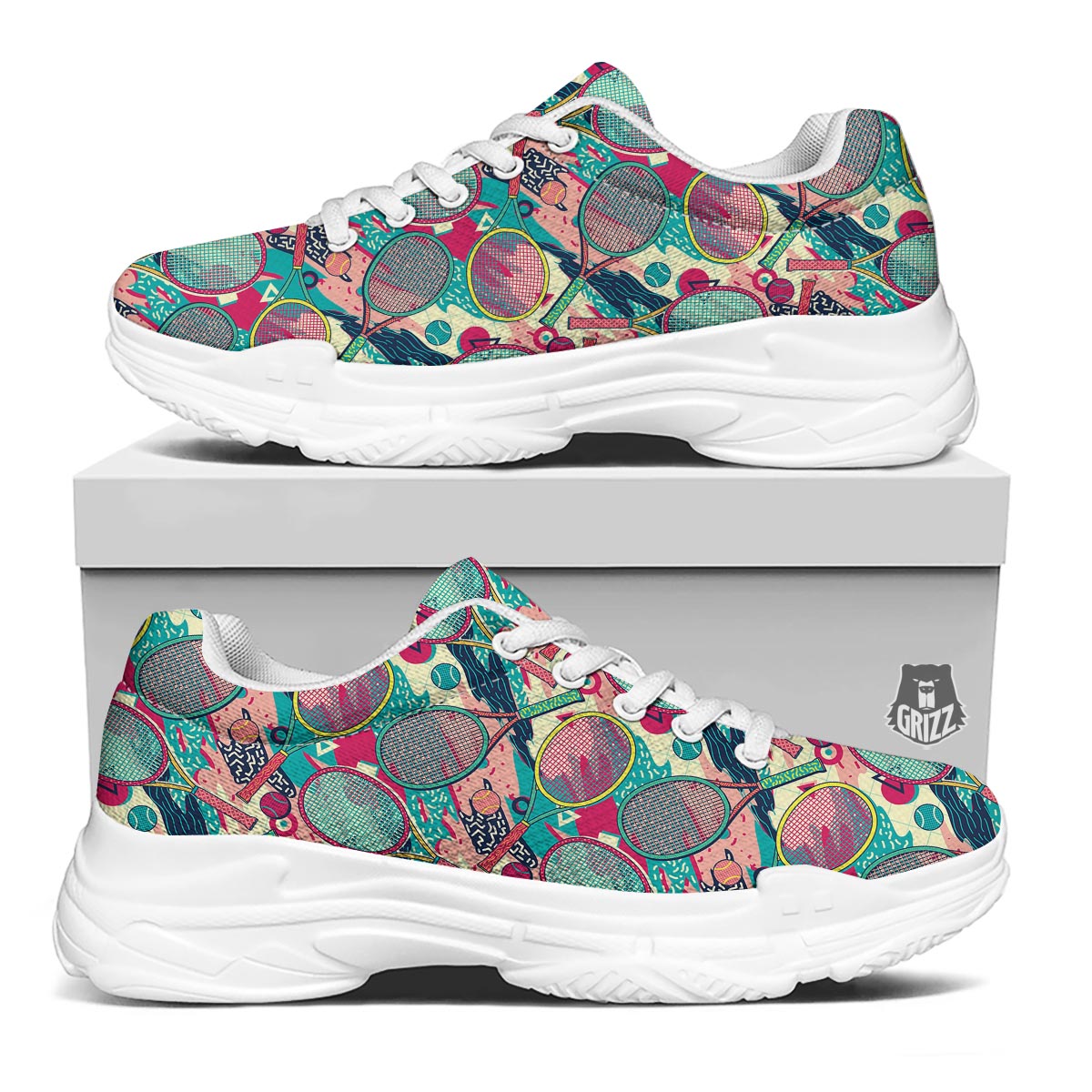 Tennis Retro Print Pattern White Chunky Shoes-grizzshop