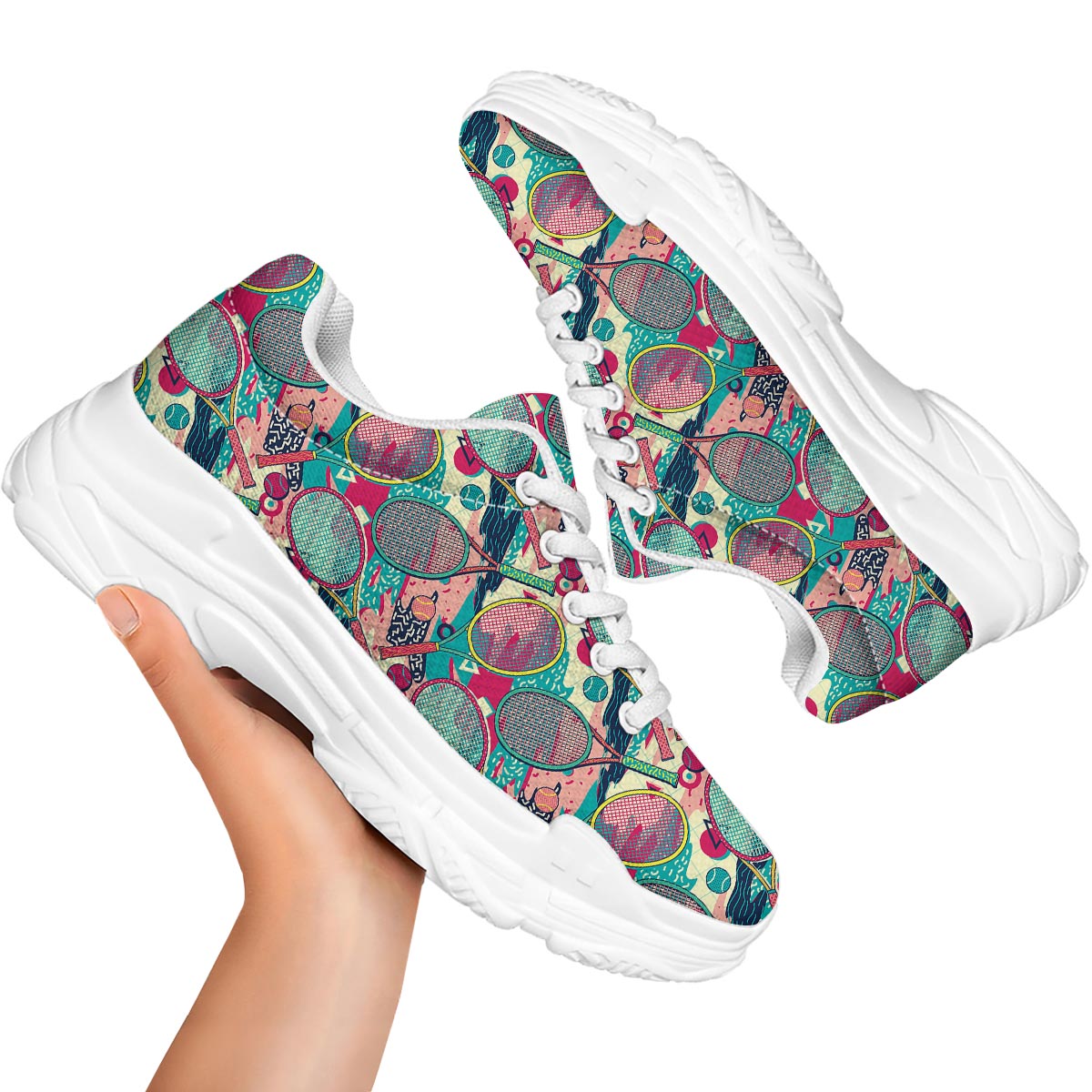Tennis Retro Print Pattern White Chunky Shoes-grizzshop