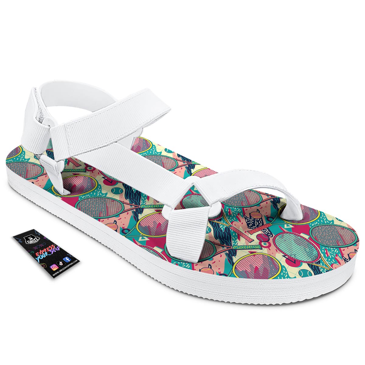Tennis Retro Print Pattern White Open Toe Sandals-grizzshop