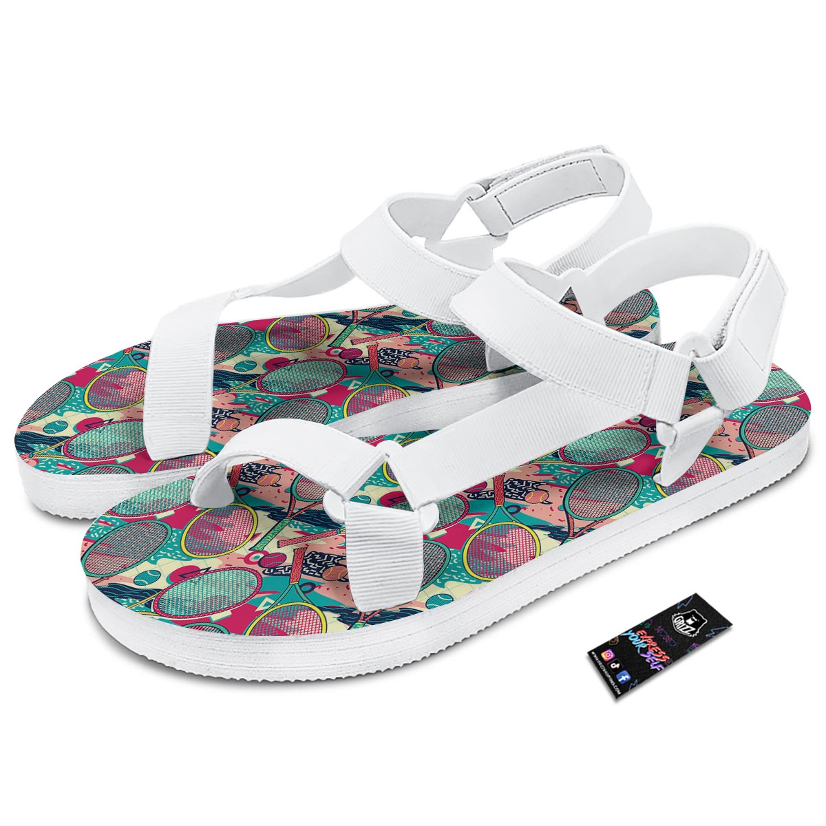 Tennis Retro Print Pattern White Open Toe Sandals-grizzshop