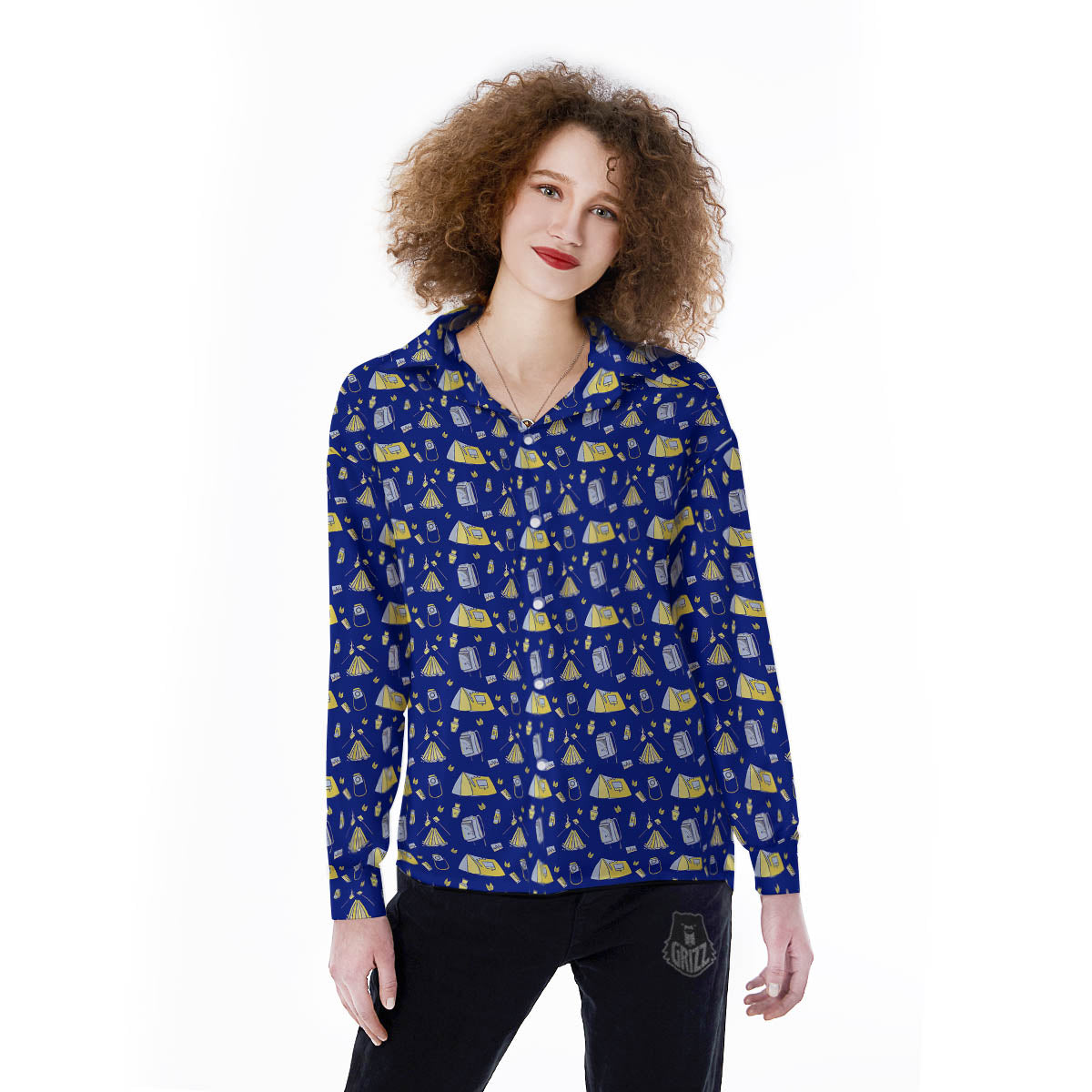 Tent Camping Print Pattern Women's Long Sleeve Shirts-grizzshop