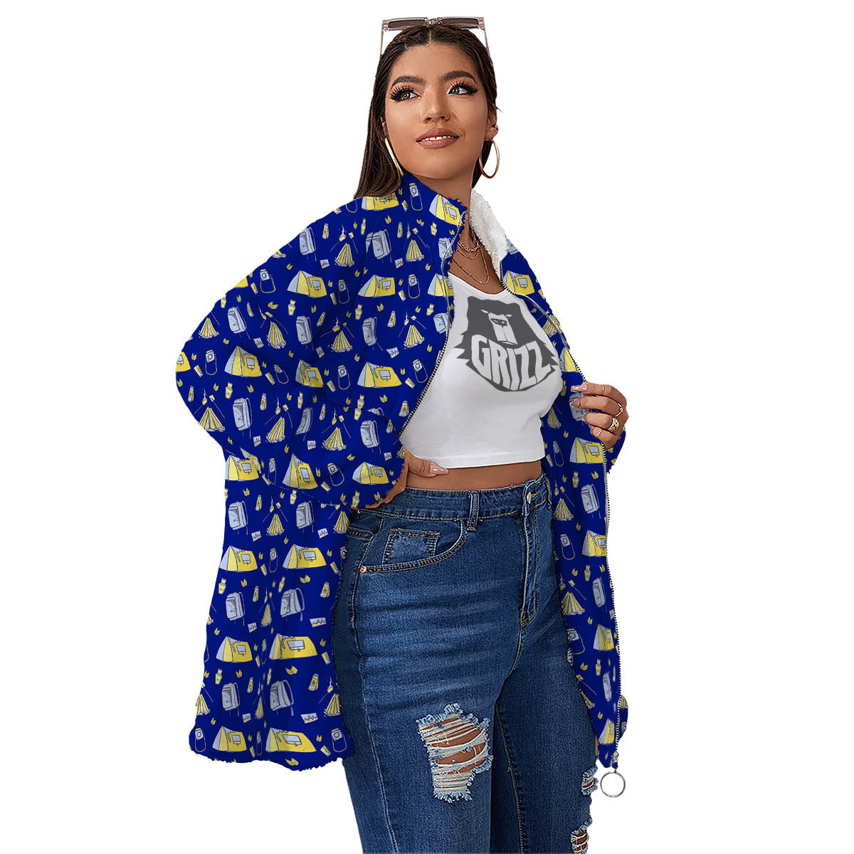 Tent Camping Print Pattern Women's Sherpa Jacket-grizzshop