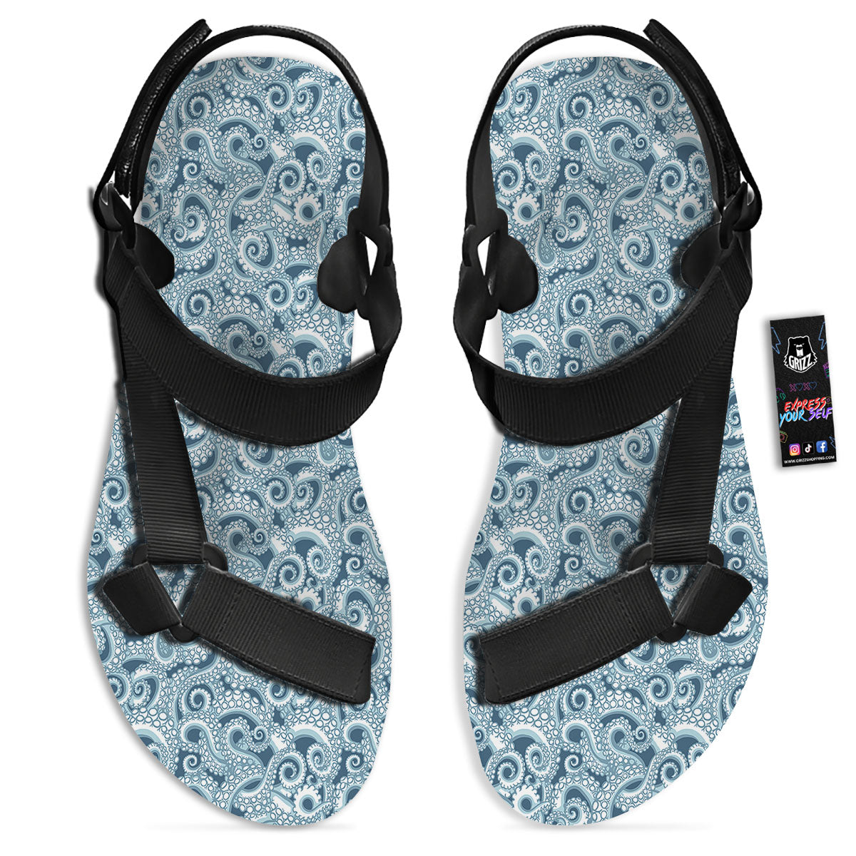 Tentacles Octopus Blue Print Pattern Black Open Toe Sandals-grizzshop