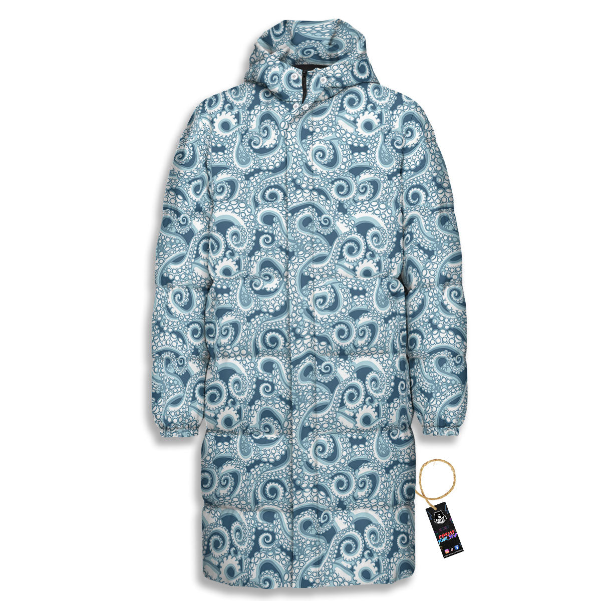 Tentacles Octopus Blue Print Pattern Long Down Jacket-grizzshop