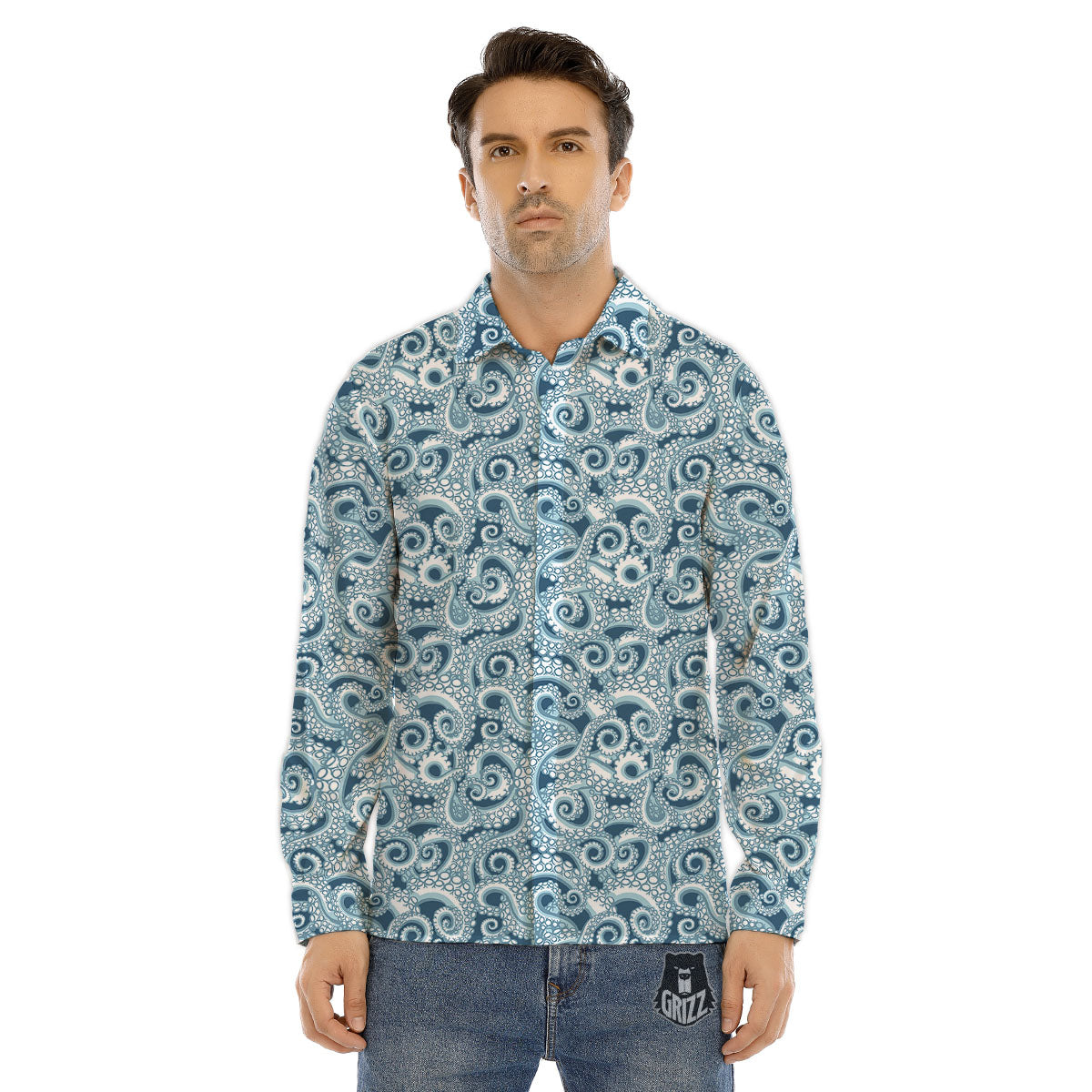 Tentacles Octopus Blue Print Pattern Men's Dress Shirts-grizzshop