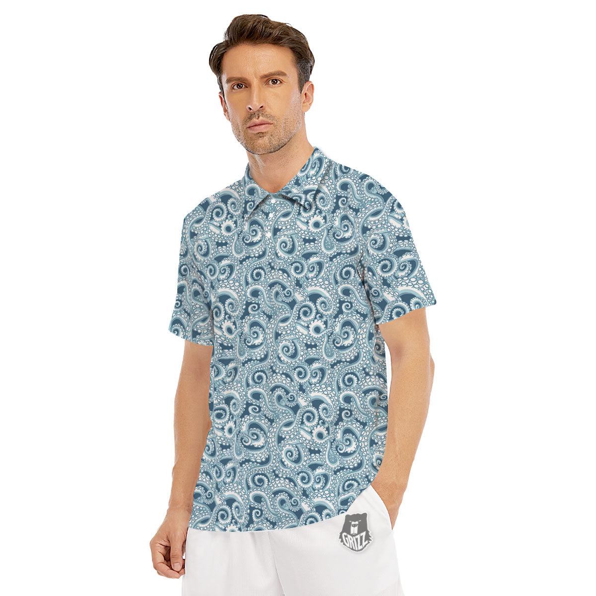 Tentacles Octopus Blue Print Pattern Men's Golf Shirts-grizzshop