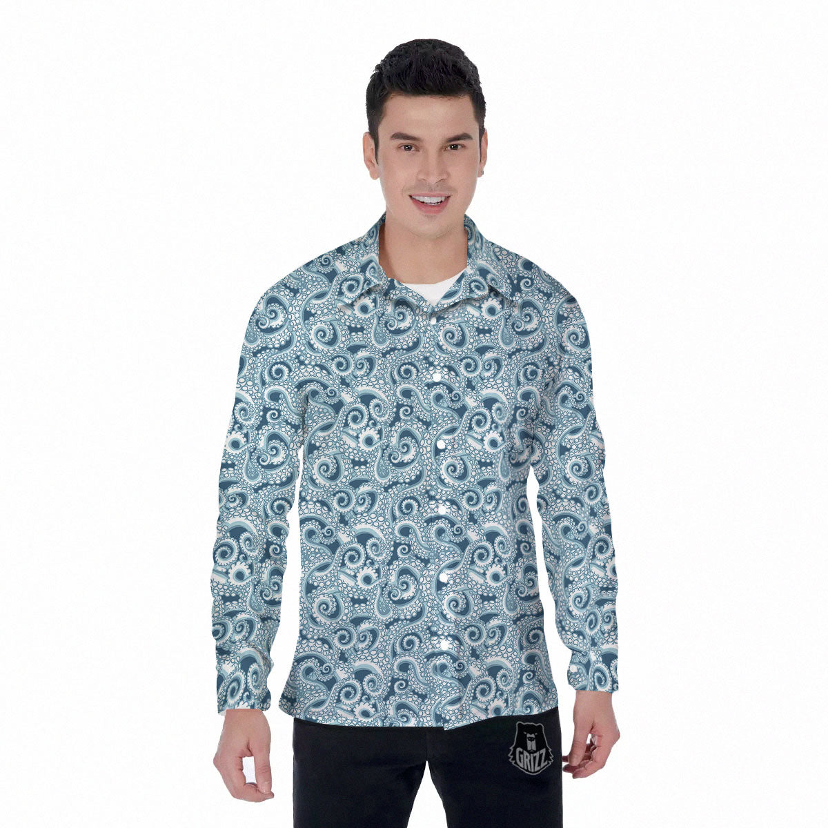 Tentacles Octopus Blue Print Pattern Men's Long Sleeve Shirts-grizzshop