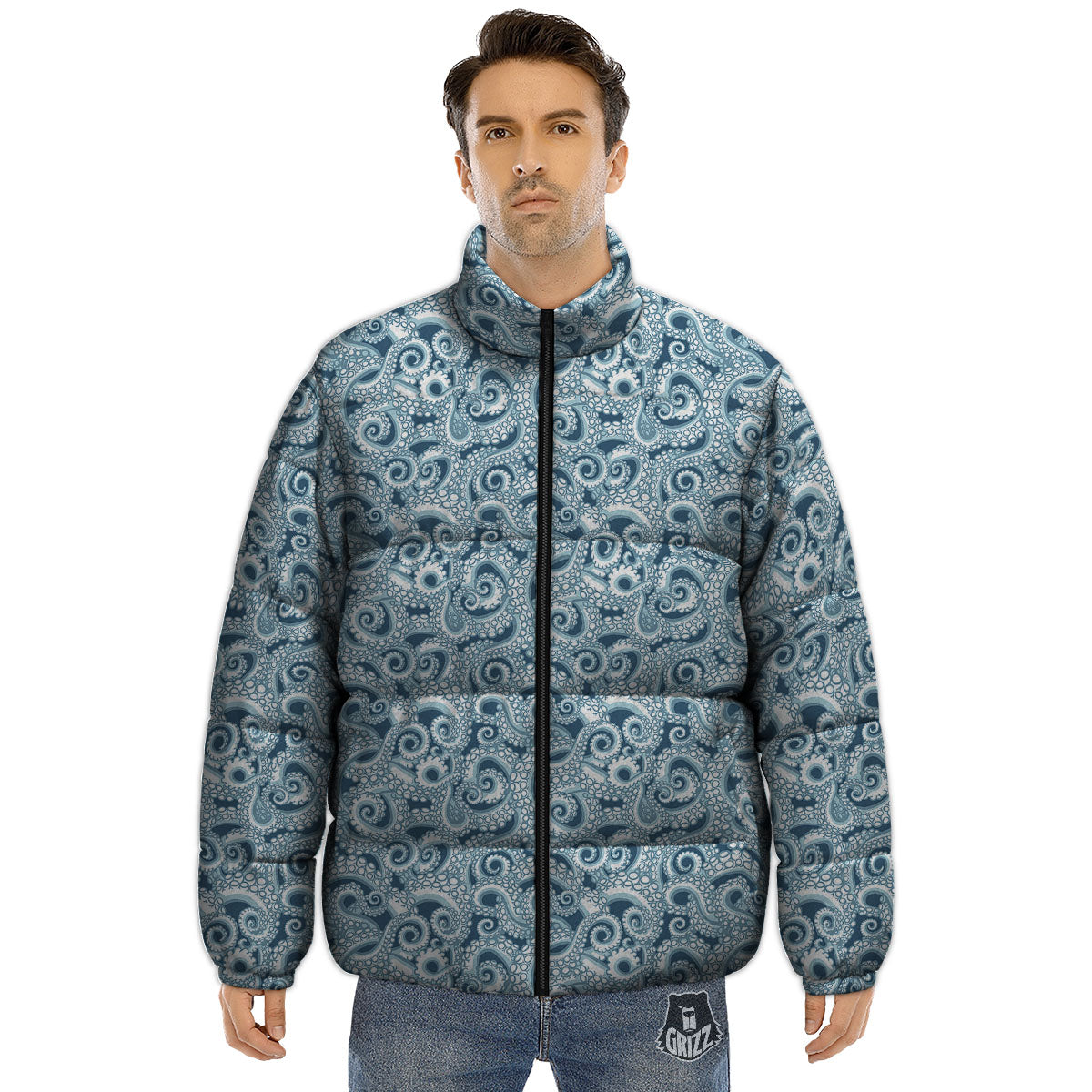 Tentacles Octopus Blue Print Pattern Puffer Jacket-grizzshop