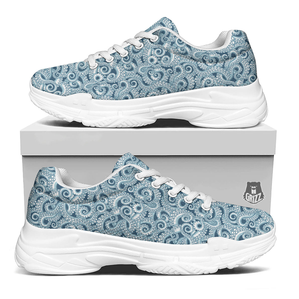 Tentacles Octopus Blue Print Pattern White Chunky Shoes-grizzshop