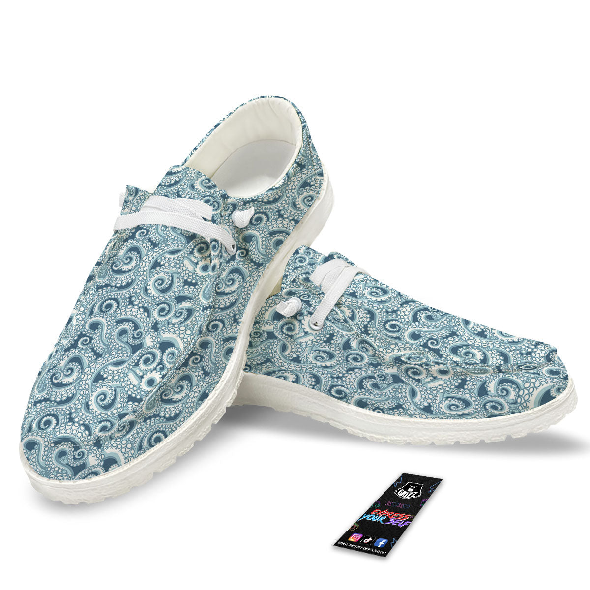 Tentacles Octopus Blue Print Pattern White Loafers-grizzshop